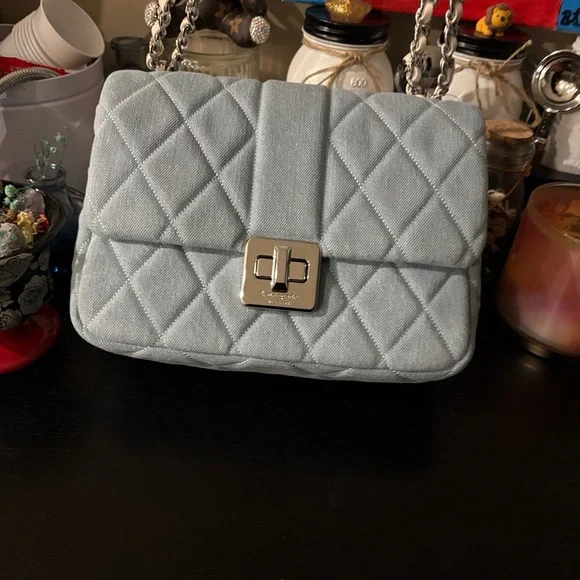 kate spade Denim Quilted Light Blue Shoulder Bag with Cream Chain - Picture 4 of 8